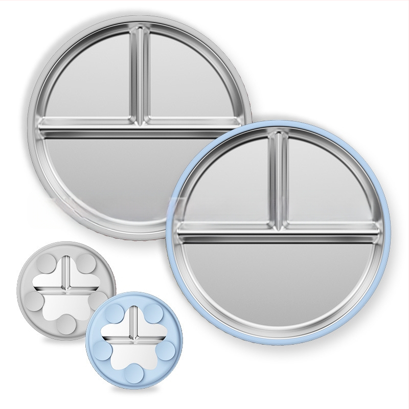 Laste söögitaldrikute komplekt, väikesed lauanõude komplektid, silikoonist, kukkumiskindel, eemaldatav, 304 roostevabast terasest söögitaldrik iminapaga