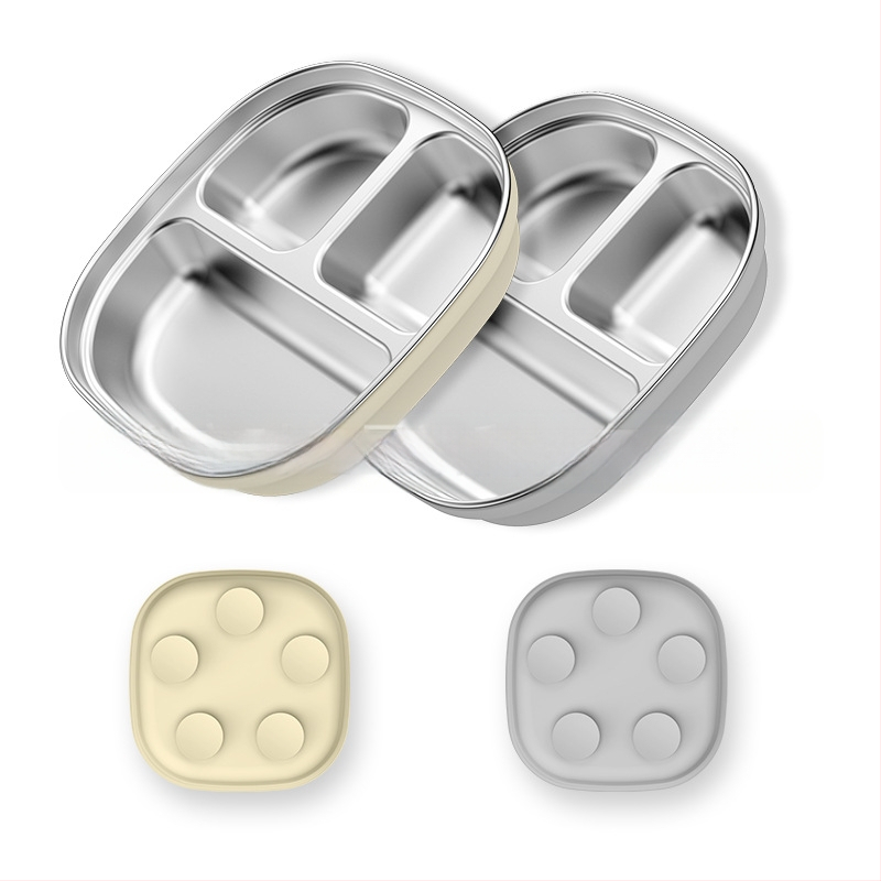 Laste söögitaldrikute komplekt, väikesed lauanõude komplektid, silikoonist, kukkumiskindel, eemaldatav, 304 roostevabast terasest söögitaldrik iminapaga