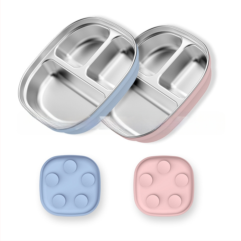 Laste söögitaldrikute komplekt, väikesed lauanõude komplektid, silikoonist, kukkumiskindel, eemaldatav, 304 roostevabast terasest söögitaldrik iminapaga