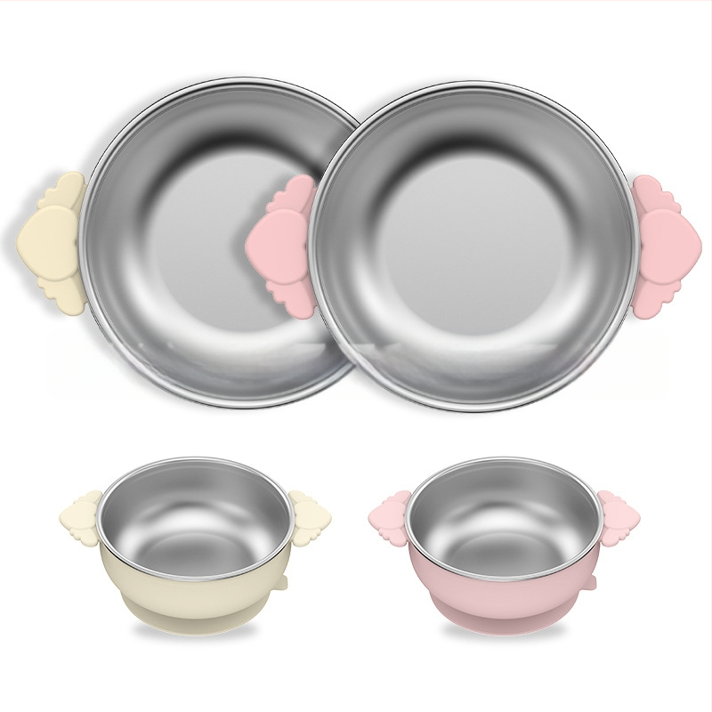 Laste söögitaldrikute komplekt, väikesed lauanõude komplektid, silikoonist, kukkumiskindel, eemaldatav, 304 roostevabast terasest söögitaldrik iminapaga