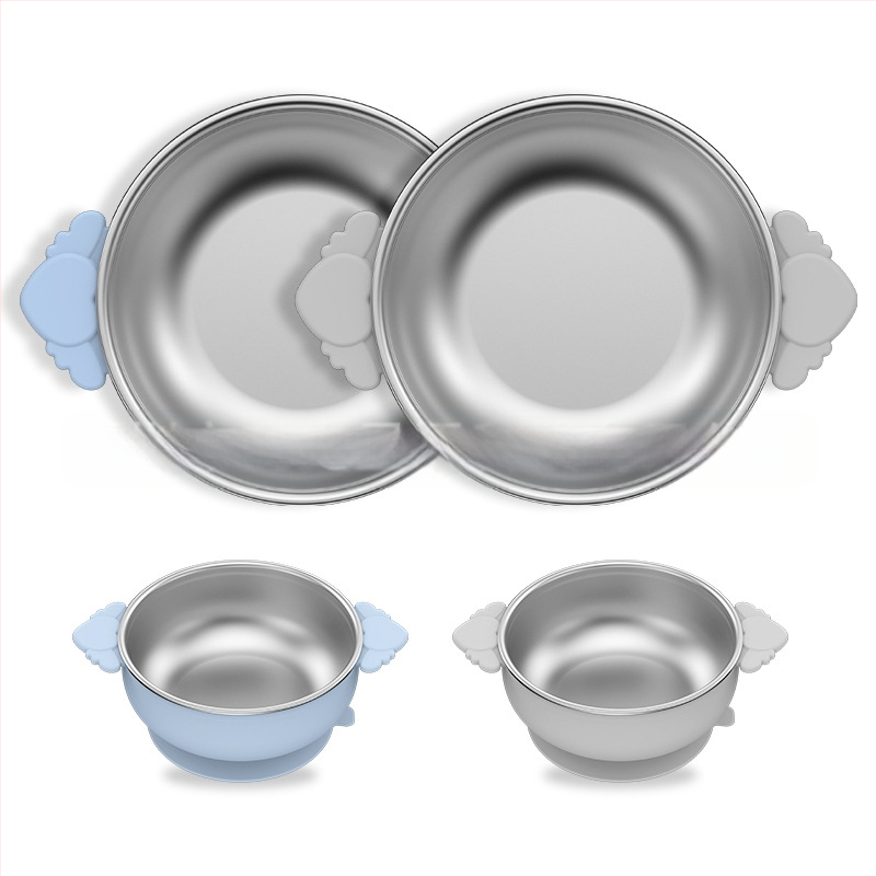 Laste söögitaldrikute komplekt, väikesed lauanõude komplektid, silikoonist, kukkumiskindel, eemaldatav, 304 roostevabast terasest söögitaldrik iminapaga