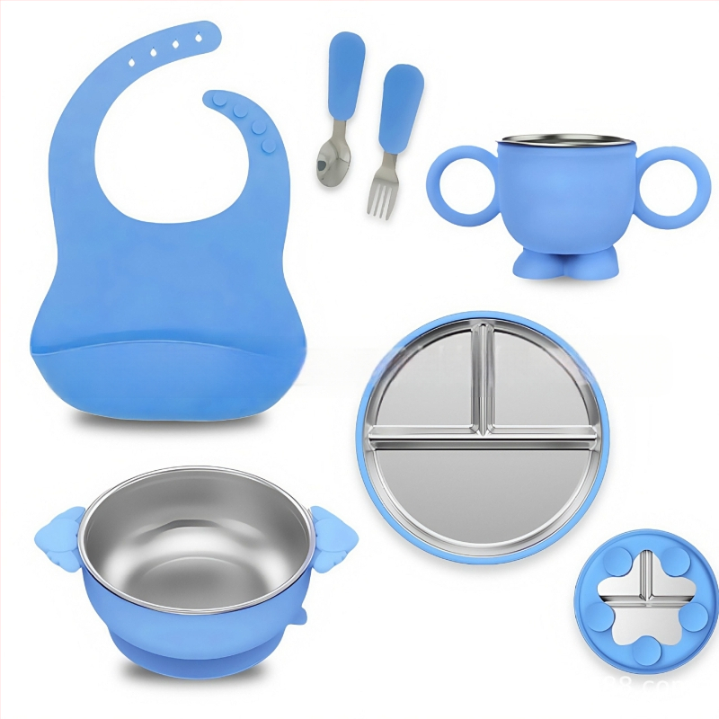 Laste söögitaldrikute komplekt, väikesed lauanõude komplektid, silikoonist, kukkumiskindel, eemaldatav, 304 roostevabast terasest söögitaldrik iminapaga