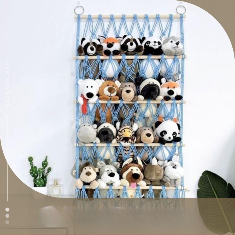 Pliušinė lėlių laikymo sienelė, skandinaviško stiliaus, austas dvisluoksnis laikymo stovas, paprastas dekoratyvinis žaislų tinklelio maišelis, pakabinamas dekoravimas