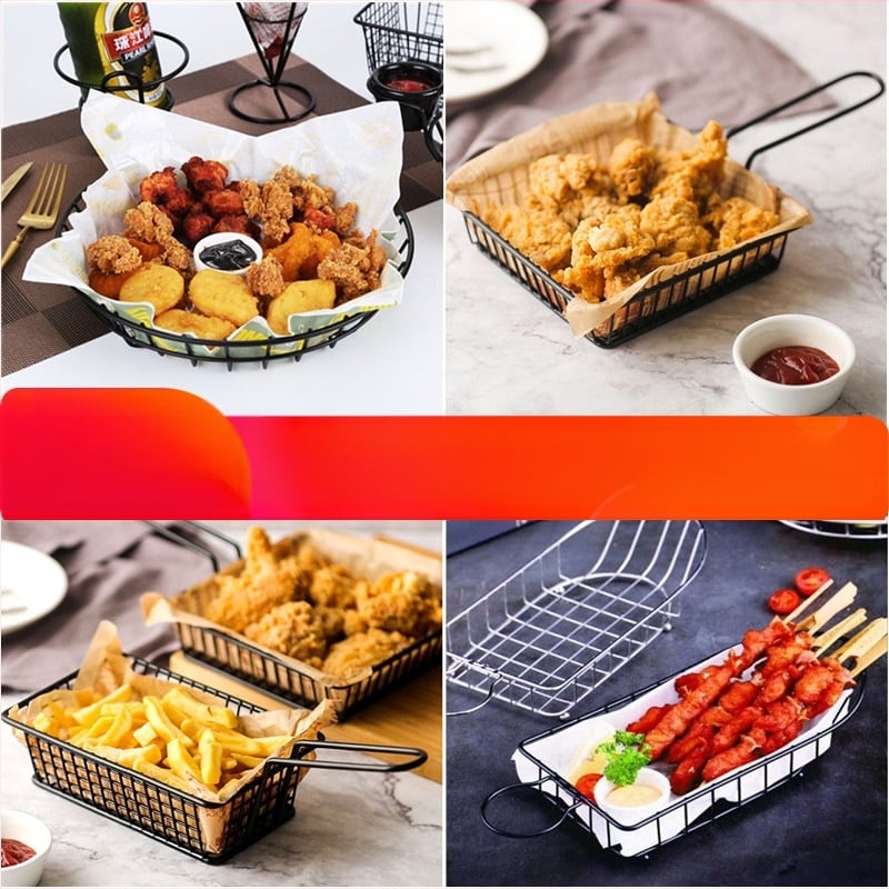 Amerikietiško stiliaus kūrybingi stalo įrankiai, geležiniai kepti užkandžių krepšeliai, bulvyčių fri krepšeliai, kepti krepšeliai, desertui skirti kepti viščiukai, duonos krepšeliai, lėkščių indai