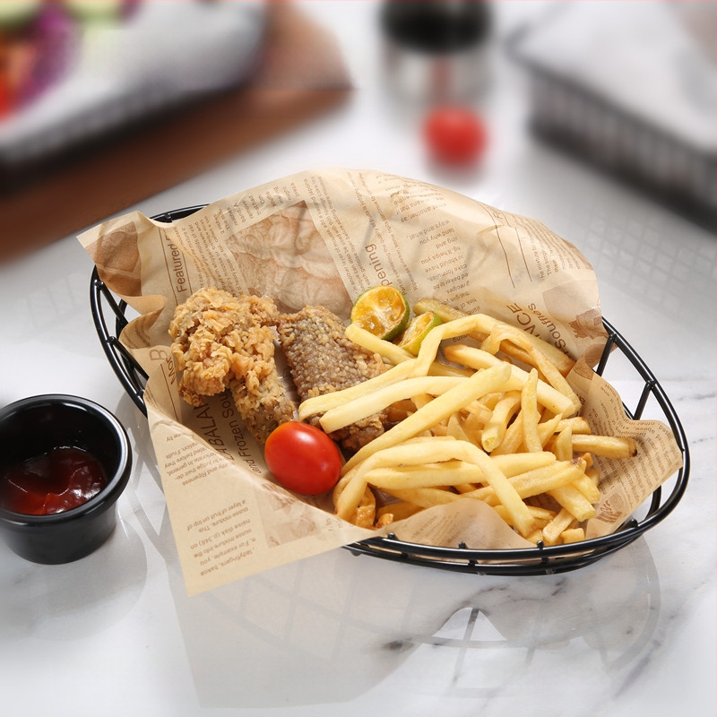 Amerikietiško stiliaus kūrybingi stalo įrankiai, geležiniai kepti užkandžių krepšeliai, bulvyčių fri krepšeliai, kepti krepšeliai, desertui skirti kepti viščiukai, duonos krepšeliai, lėkščių indai