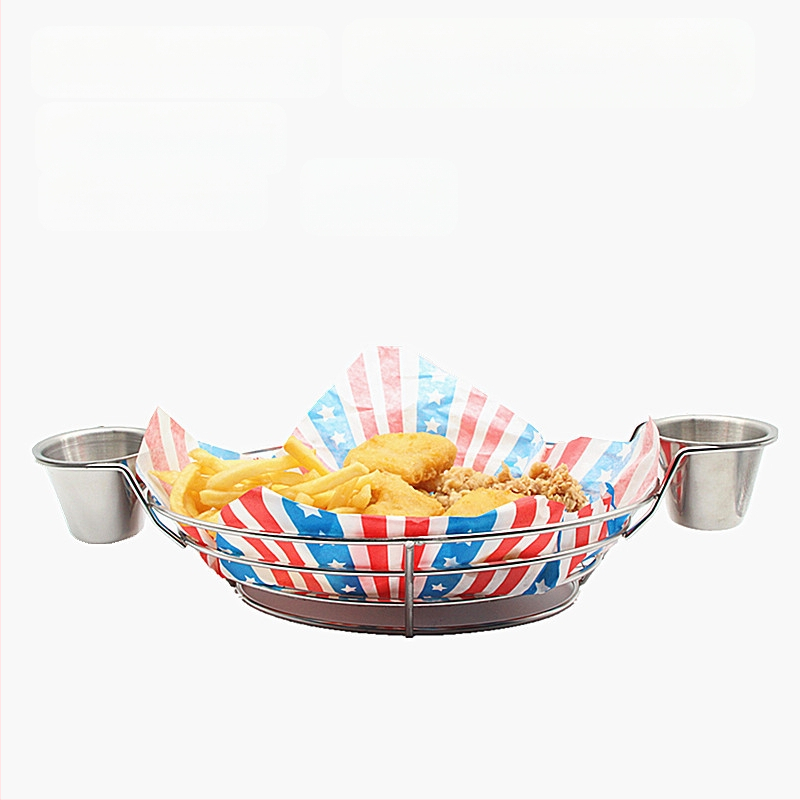 Amerikietiško stiliaus kūrybingi stalo įrankiai, geležiniai kepti užkandžių krepšeliai, bulvyčių fri krepšeliai, kepti krepšeliai, desertui skirti kepti viščiukai, duonos krepšeliai, lėkščių indai