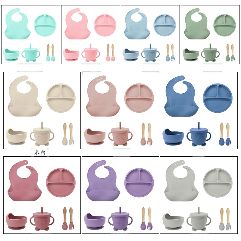 Tacâmuri din silicon pentru mamă și bebeluș, bol pentru mâncare pentru bebeluși, accesorii pentru hrănire, farfurie din silicon alimentar, bavetă, cană cu apă, furculiță și lingură, transfrontaliere