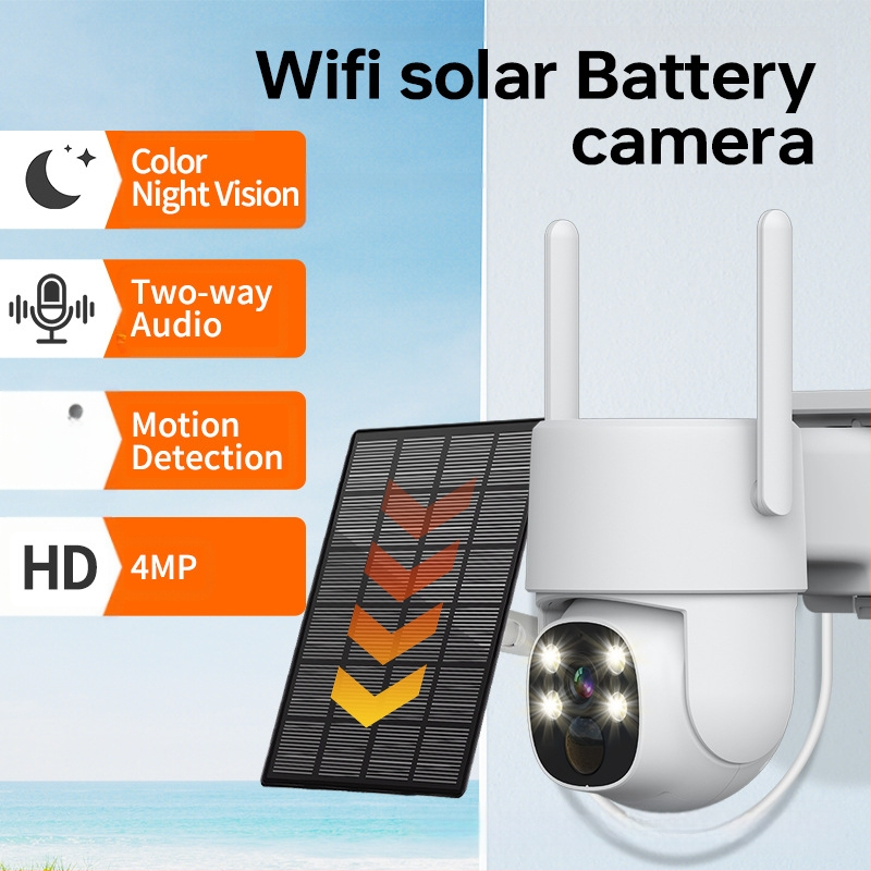 Piiriülene 4MP päikesevalvekaamera 360° välistingimustes kasutamiseks mõeldud mobiiltelefoniga kaugjuhtimispuldiga traadita WIFI päikesekaamera