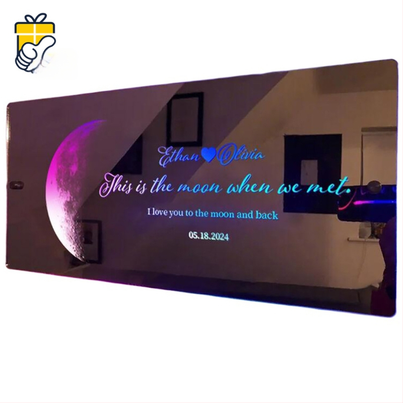 TEMU hindi mėnulio formos veidrodinė lempa su užsakomuoju POD pavadinimu ir žinute, stačiakampio formos veidrodžio papuošimais, Valentino dienos dovana