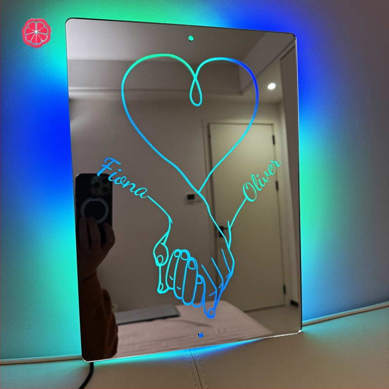 Tarpvalstybinė pora, susikibus rankomis, vardo veidrodinė lempa, personalizuota vardo veidrodinė lempa, Valentino dienos kalėdinių dovanų fabrikas