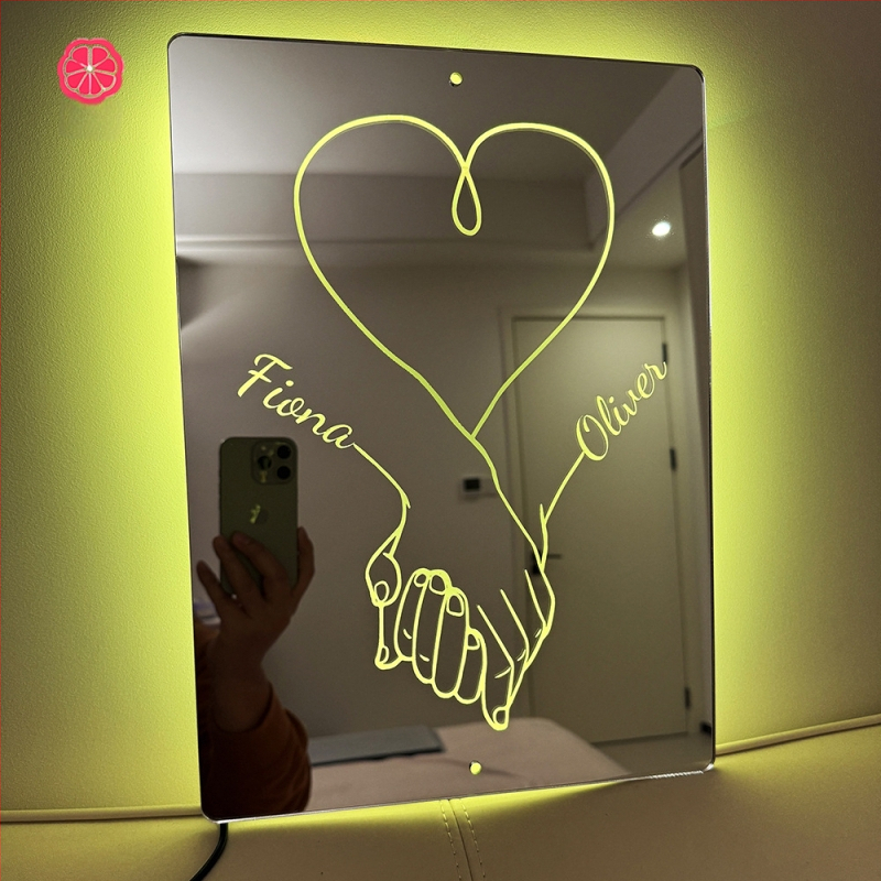 Tarpvalstybinė pora, susikibus rankomis, vardo veidrodinė lempa, personalizuota vardo veidrodinė lempa, Valentino dienos kalėdinių dovanų fabrikas