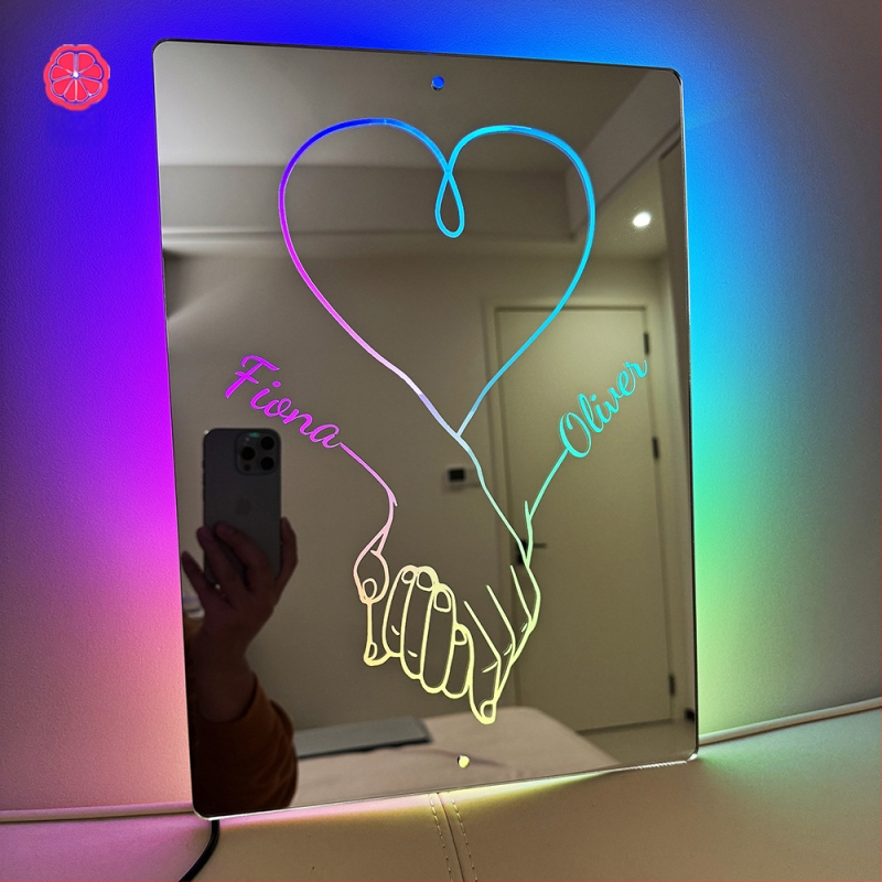 Tarpvalstybinė pora, susikibus rankomis, vardo veidrodinė lempa, personalizuota vardo veidrodinė lempa, Valentino dienos kalėdinių dovanų fabrikas