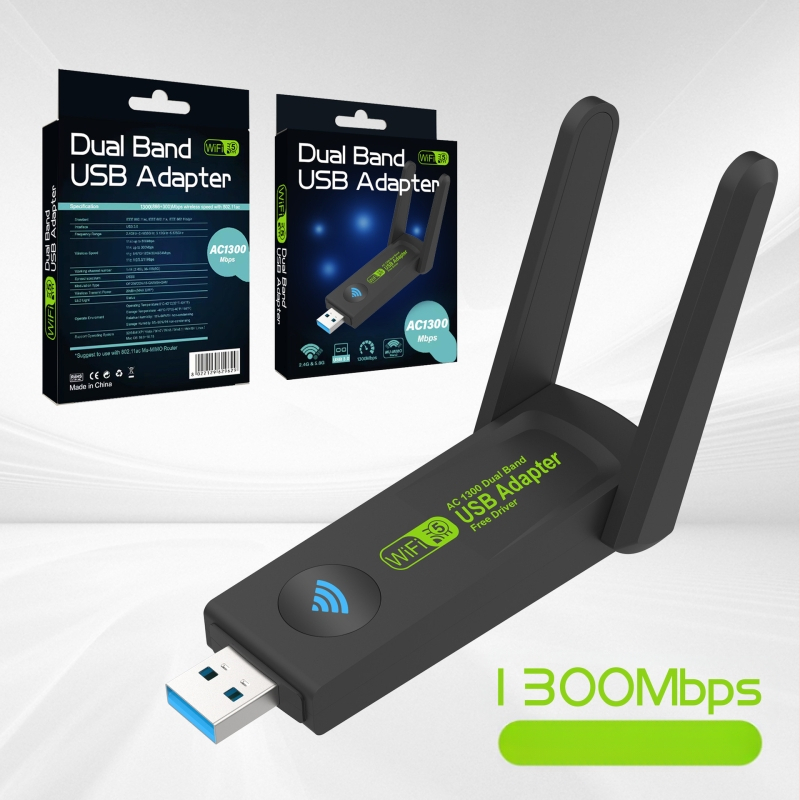 Placă de rețea wireless de 1300 m, fără driver, Gigabit Dual-Band, receptor USB pentru desktop, transmițător Wifi, compatibilitate completă cu rețeaua
