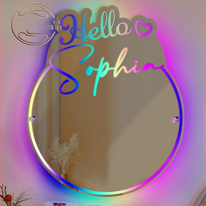Temu Xiyin - Személyre szabott, világító, névvel ellátott, kerek tükörlámpa, személyre szabott éjjeliszekrény-díszek, függővilágítás
