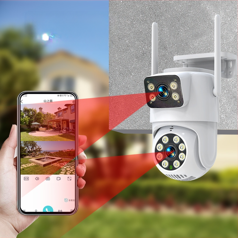 Binokulaarne püstolkuuliga valvekaamera koduseks kasutamiseks, 360-kraadine kahe objektiiviga kaamera, kahe objektiiviga kõrglahutusega kahe ekraaniga