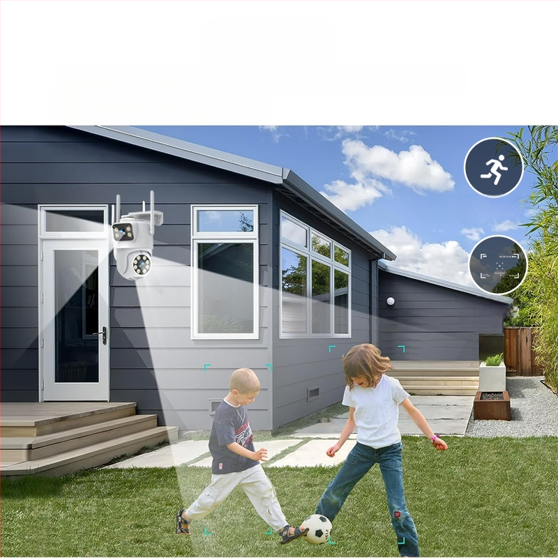 Binokulaarne püstolkuuliga valvekaamera koduseks kasutamiseks, 360-kraadine kahe objektiiviga kaamera, kahe objektiiviga kõrglahutusega kahe ekraaniga