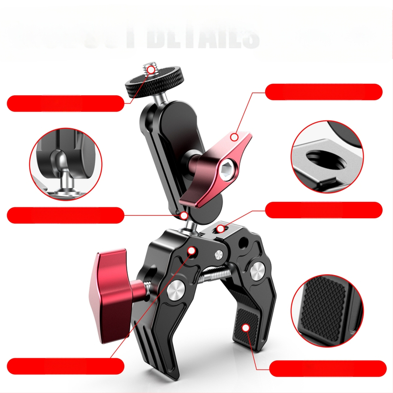 Daugiafunkcis krabo žnyplės spaustukas sportinei kamerai ir telefonų fotografijai, galingas žirnio spaustukas, metalinis lauko išplėtimo stabilizatoriaus laikiklis