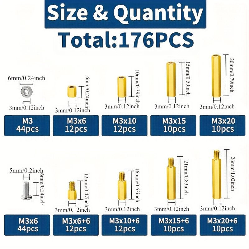 Месингова едно- и двупроходна шестоъгълна медна колона, подходяща за винт с кръгла глава Phillips, смесена трансгранична 176 бр. винт в кутия