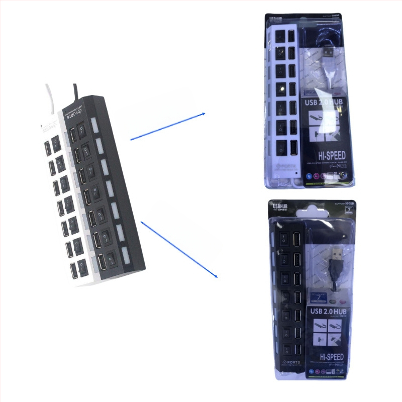 7 prievadų šakotuvas, 7 prievadų skirstytuvas, 7 prievadų šakotuvas su nepriklausomu jungikliu ir lempute, 7 skylių ilgintuvas, daugiasąsaja