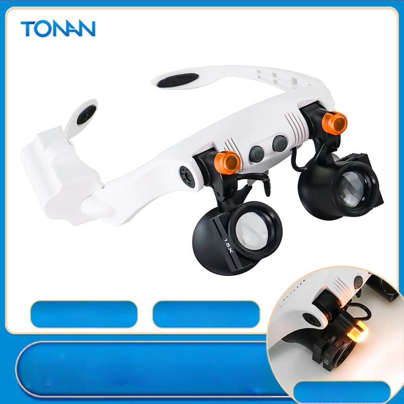 Akiniai didinamuoju stiklu, keičiantis šaltą ir šiltą šviesą, 2 LED lemputės, elektroninė priežiūra, didelės galios ant galvos tvirtinamas didinamasis stiklas, didmeninė prekyba