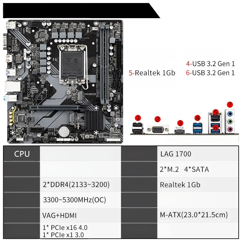 Μητρική πλακέτα επιτραπέζιου υπολογιστή Gigabyte B760M H Ddr4 κατάλληλη για CPU 12400F/13400F/13600Kf