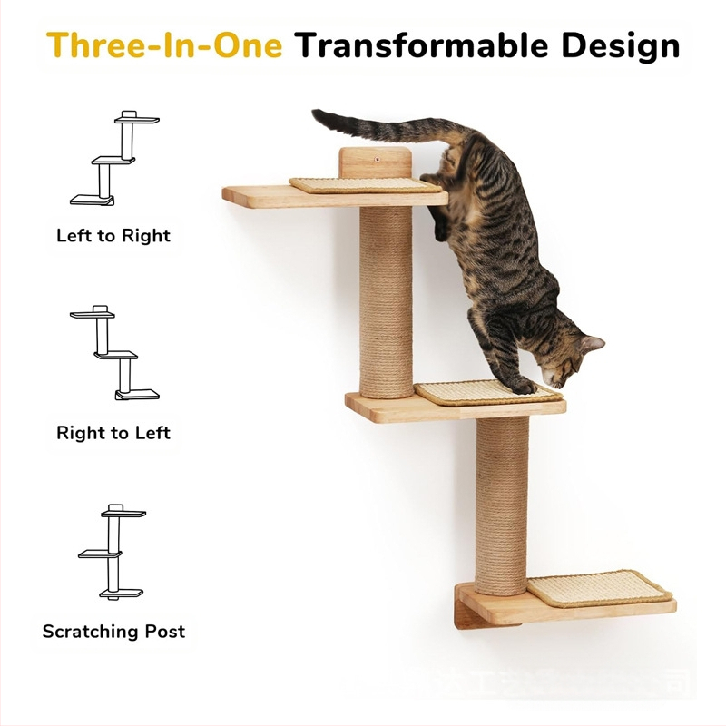 Fa macska fali polc, 3 az 1-ben deformálódó macska kaparóoszlop fali tartó, barkács macska fali ülőfelület fali macska mászóka