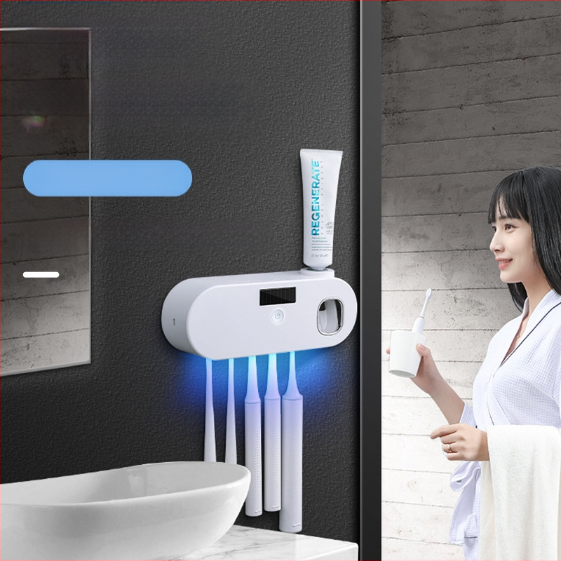Pažangus UV sterilizavimo dantų šepetėlių laikiklis su automatiniu dantų pastos spaustuku, be perforatoriaus, montuojamas ant sienos