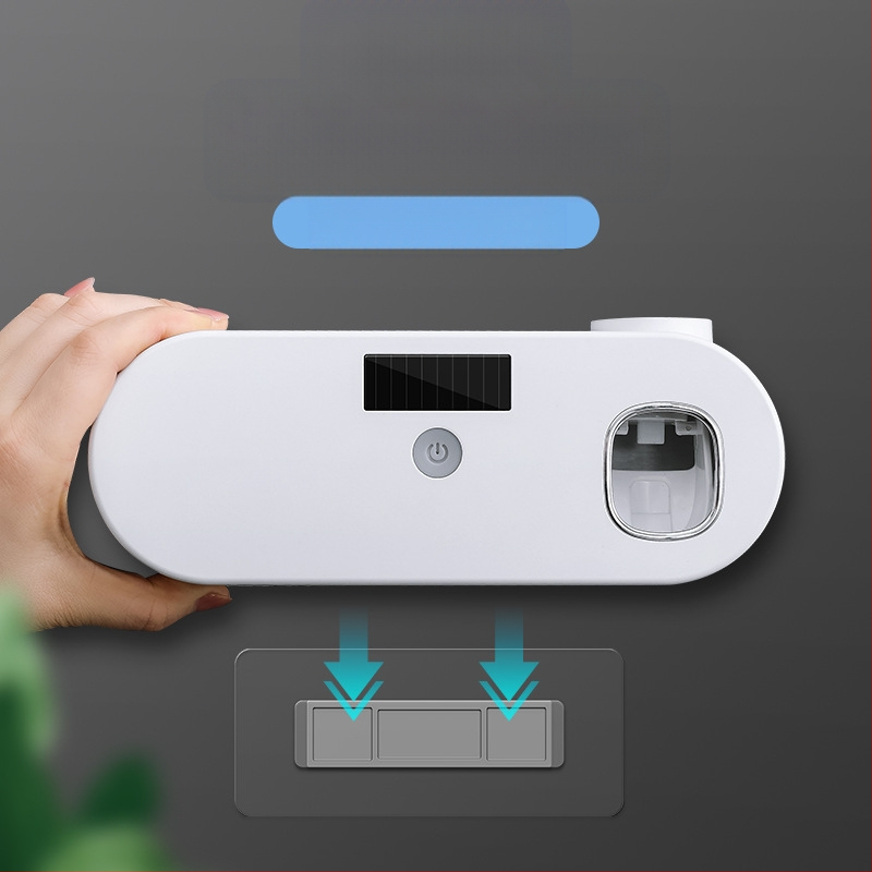 Pažangus UV sterilizavimo dantų šepetėlių laikiklis su automatiniu dantų pastos spaustuku, be perforatoriaus, montuojamas ant sienos