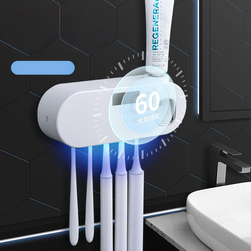 Pažangus UV sterilizavimo dantų šepetėlių laikiklis su automatiniu dantų pastos spaustuku, be perforatoriaus, montuojamas ant sienos