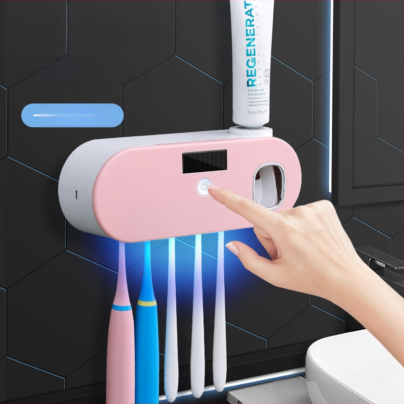 Pažangus UV sterilizavimo dantų šepetėlių laikiklis su automatiniu dantų pastos spaustuku, be perforatoriaus, montuojamas ant sienos