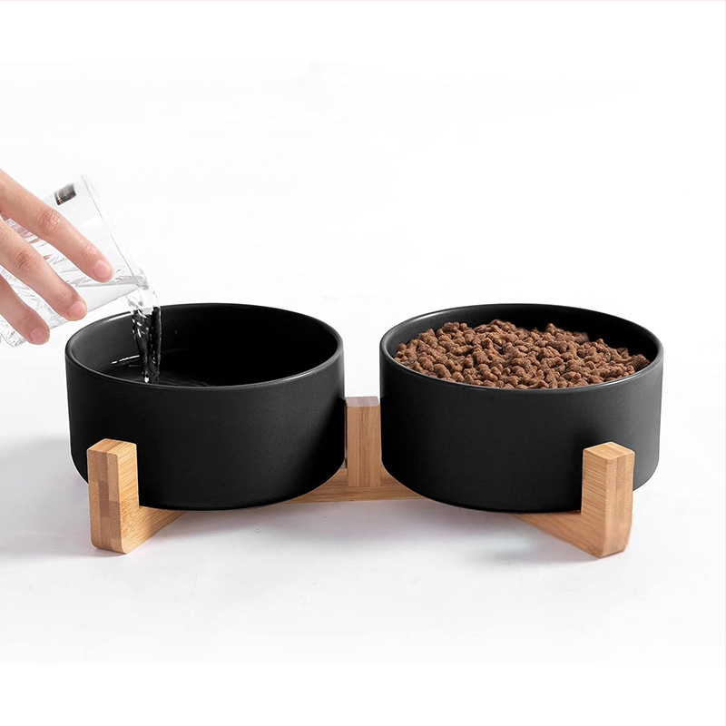 Macskatál, kerámia állateledel-tál, kutyatál, itató, emelt dupla fa keret, macskáknak, közepes és kis méretű kutyáknak való kellékek, dupla tál, külkereskedelem