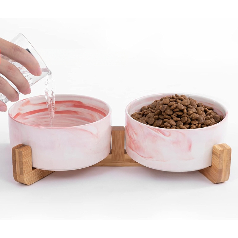 Macskatál, kerámia állateledel-tál, kutyatál, itató, emelt dupla fa keret, macskáknak, közepes és kis méretű kutyáknak való kellékek, dupla tál, külkereskedelem