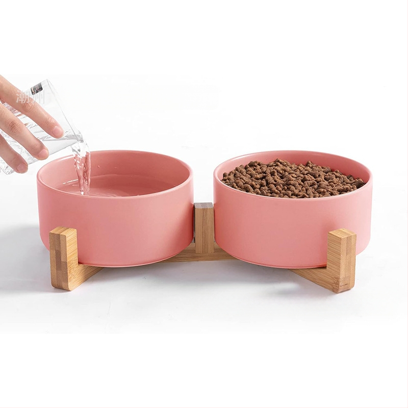Macskatál, kerámia állateledel-tál, kutyatál, itató, emelt dupla fa keret, macskáknak, közepes és kis méretű kutyáknak való kellékek, dupla tál, külkereskedelem