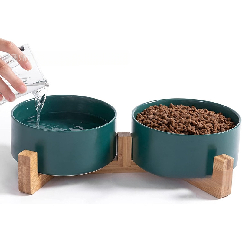 Macskatál, kerámia állateledel-tál, kutyatál, itató, emelt dupla fa keret, macskáknak, közepes és kis méretű kutyáknak való kellékek, dupla tál, külkereskedelem