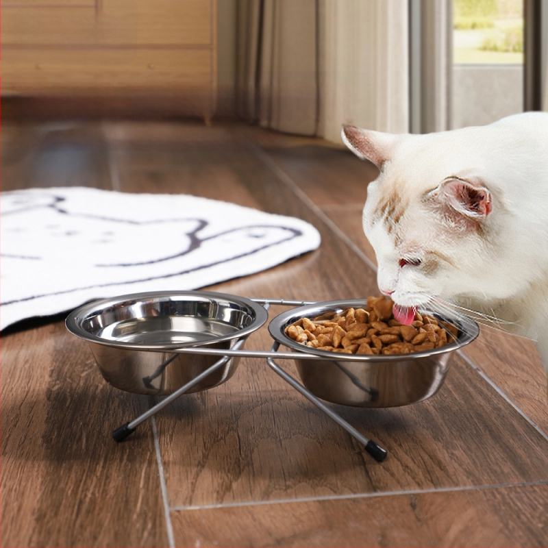 Macskatál rozsdamentes acélból készült kisállattál, határokon átnyúló, integrált dupla tál, nagykereskedelmi nyakvédő macskaeledel-tál, kisállat-kellékek, vas táltartó