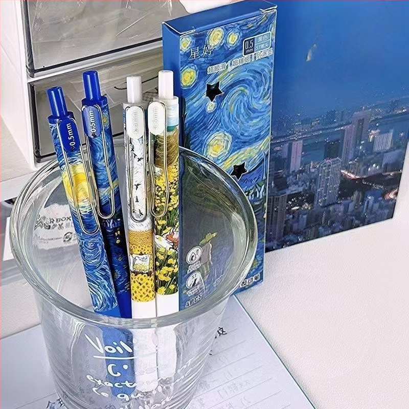 Van Goghi tähistaeva kiirelt kuivav pintsliga pastakas, õlimaali stiilis metallist presspliiats, tudengi eksamiks must pastakas, kontori signatuurpliiats