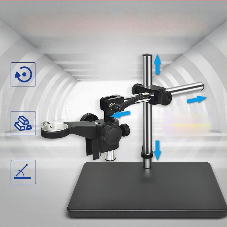 Gamintojai tiekia mikroskopo universalų ilgos rankos laikiklį su reguliuojamu sukimosi prailginimu, besisukančiu laikikliu, metaliniu stulpeliu, kolonėlės pagrindu.