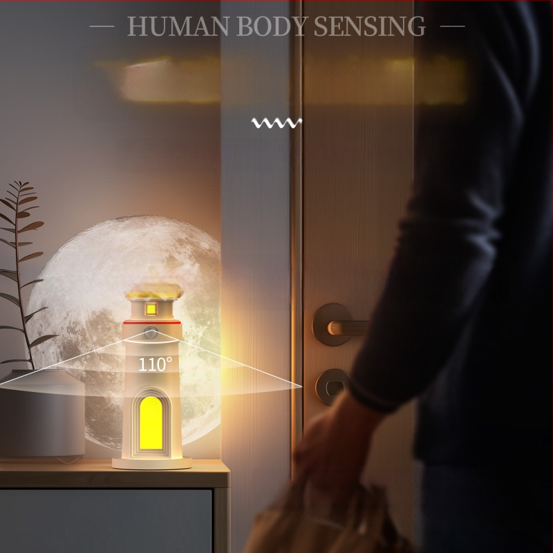 Piiriülene kuuvalguse tuletorni projektsioonlamp atmosfääri öövalgus pühadekingituste kaunistused inimkeha andur atmosfäärilamp nutikas laualamp