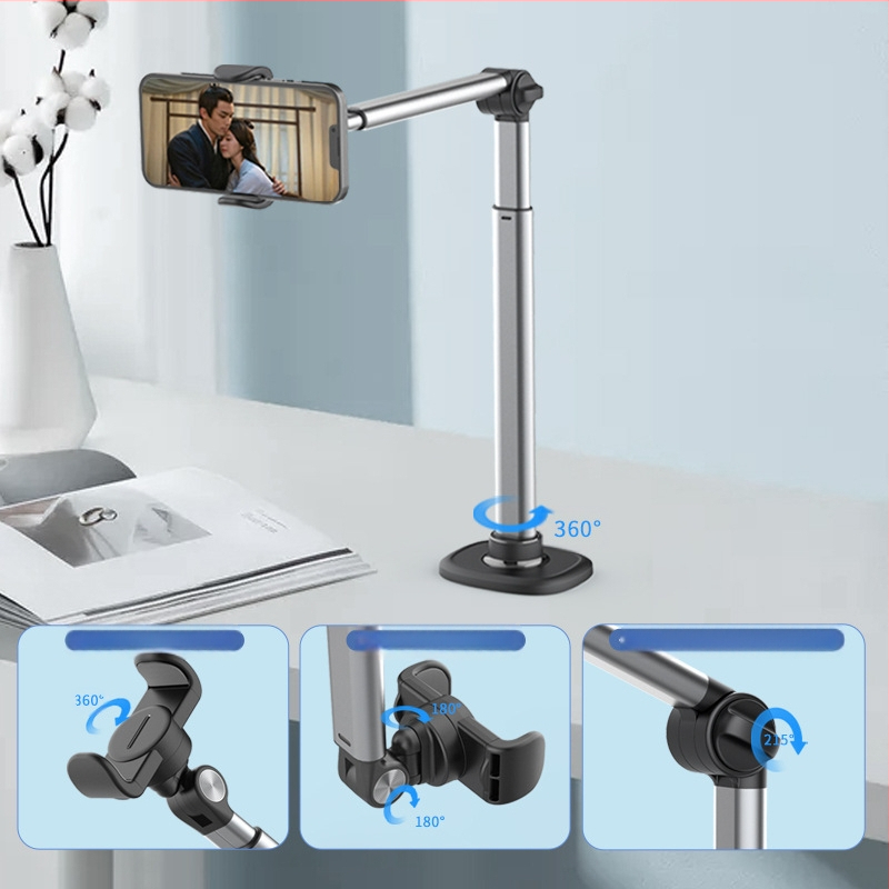 Mobiliojo telefono tiesioginės transliacijos viršutinis stovas, aliuminio lydinys, 360 laipsnių sukimasis, teleskopinis reguliavimas, lovos galvūgalis su lanksčia staline tiesioginės transliacijos programėle