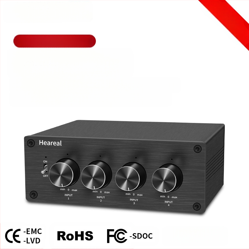4-sisend-1-väljundiga mikser, mitmekanaliline samaaegne sisend, HiFi kahekanaliline heli, neljasuunaline sisend, ühesuunaline väljundhäälestus