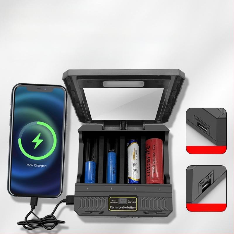 18650 liitiumaku laadija multifunktsionaalne kiirlaadimisega välistingimustes kasutatav päikeseenergia nelja pesaga nutikas laadija 26650