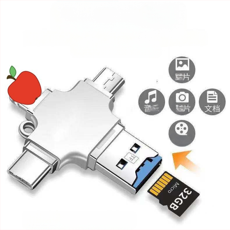 Multifunktsionaalne nelja-ühes tsingisulamist OTG-kaardilugeja Apple`i ja Androidi mobiiltelefonidele, U-ketta C-tüüpi kaardilugejale