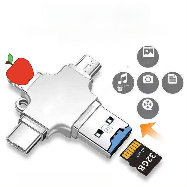 Multifunktsionaalne nelja-ühes tsingisulamist OTG-kaardilugeja Apple`i ja Androidi mobiiltelefonidele, U-ketta C-tüüpi kaardilugejale