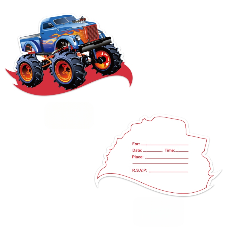 Налични покани с тема „Чудовище камион“, покани за рожден ден, картички за празнично парти, поздравителни картички за парти