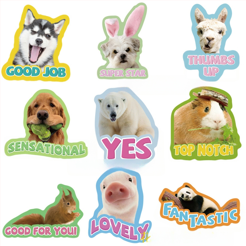 50 looma preemiakleebist, armsad lõbusad väikeloomad, ingliskeelsete fraaside kleebised, isetehtud käsiraamat, märkmik, kirjatarbed