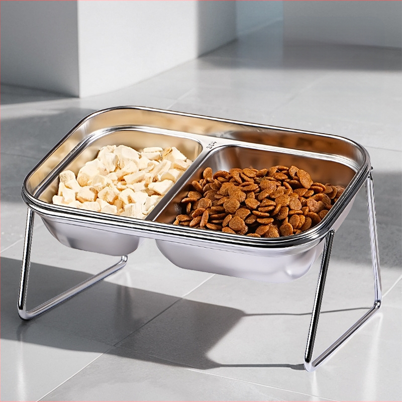 Új 304 rozsdamentes acél macskatál dupla tál eledel víz integrált macskatál nyakvédelemmel kopogásgátló állateledel nagykereskedelem