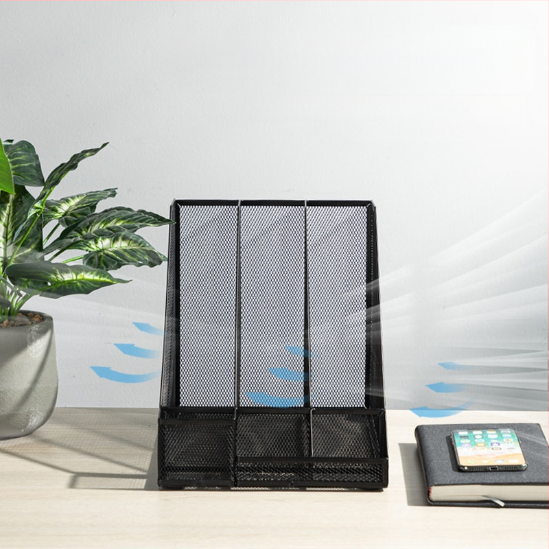 Deli 78987 тройна метална мрежеста рамка за файлове, етажерка за книги, настолен държач за файлове с три решетки и държач за химикалки, офис кабинет