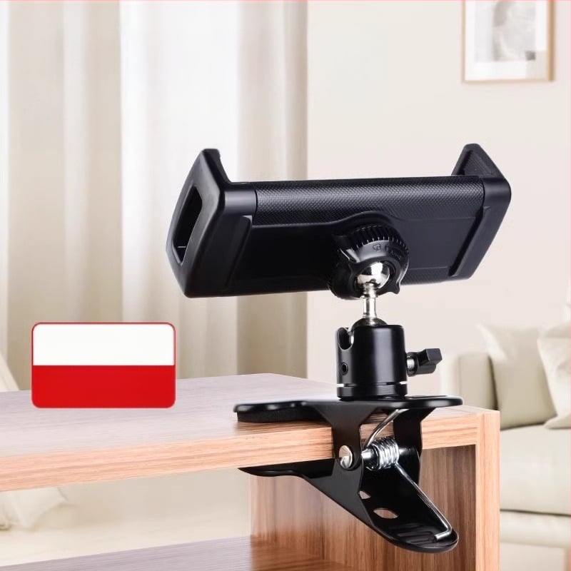 Fém, erős, csipeszes, dönthető/panorámás asztali mobiltelefon-tartó rögzítő tartozékok, csipeszes talp, 17,4 mm-es dupla gömbfejjel, dönthető/panorámás