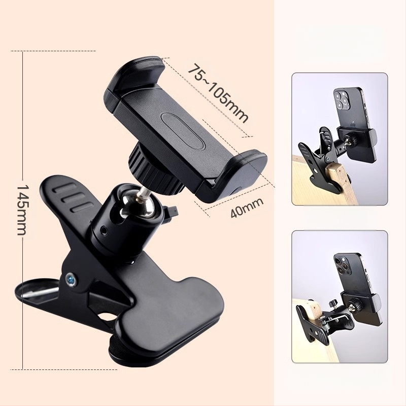 Fém, erős, csipeszes, dönthető/panorámás asztali mobiltelefon-tartó rögzítő tartozékok, csipeszes talp, 17,4 mm-es dupla gömbfejjel, dönthető/panorámás