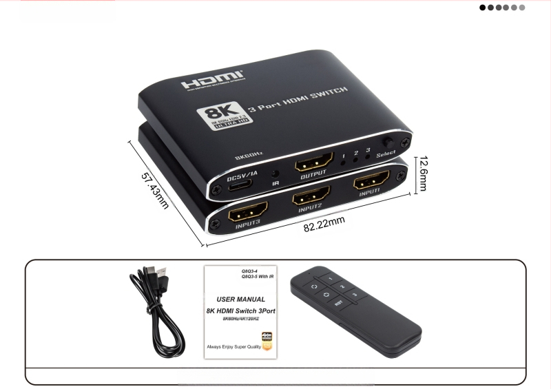 2025. aasta uus toode HDMI2.1 3X1 lülitiga alumiiniumisulamist üliõhuke mudel Ir 8K@60Hz-ga